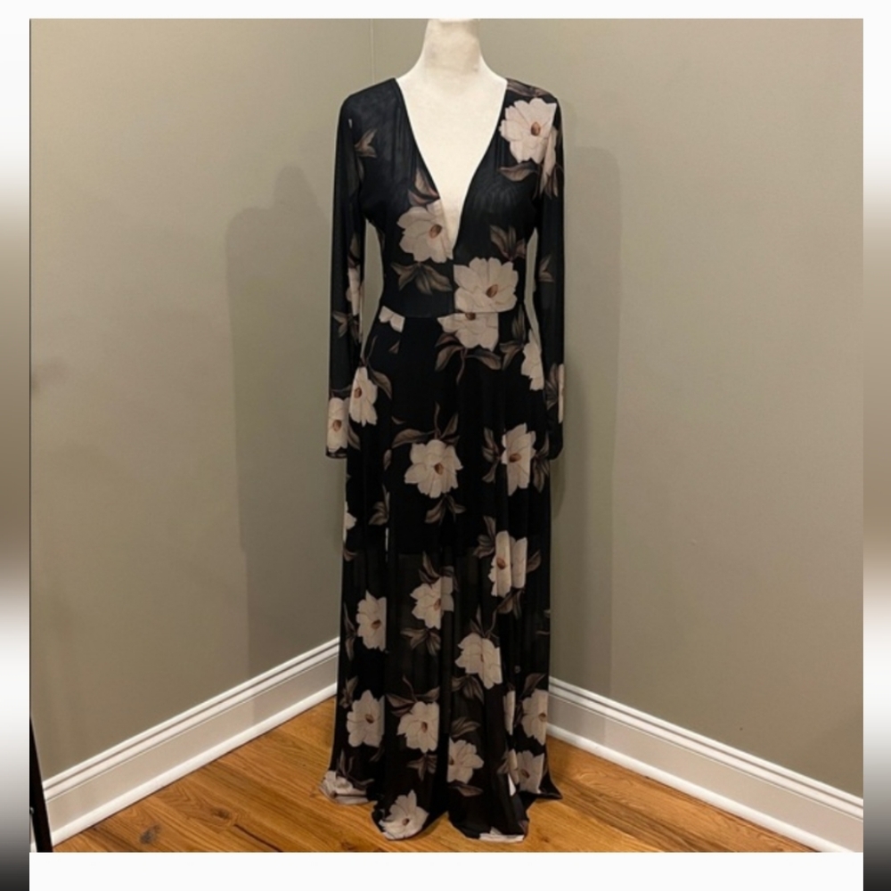 CBR Black and Cream Floral Long Sleeve Semi Sheer V-neck Dress
